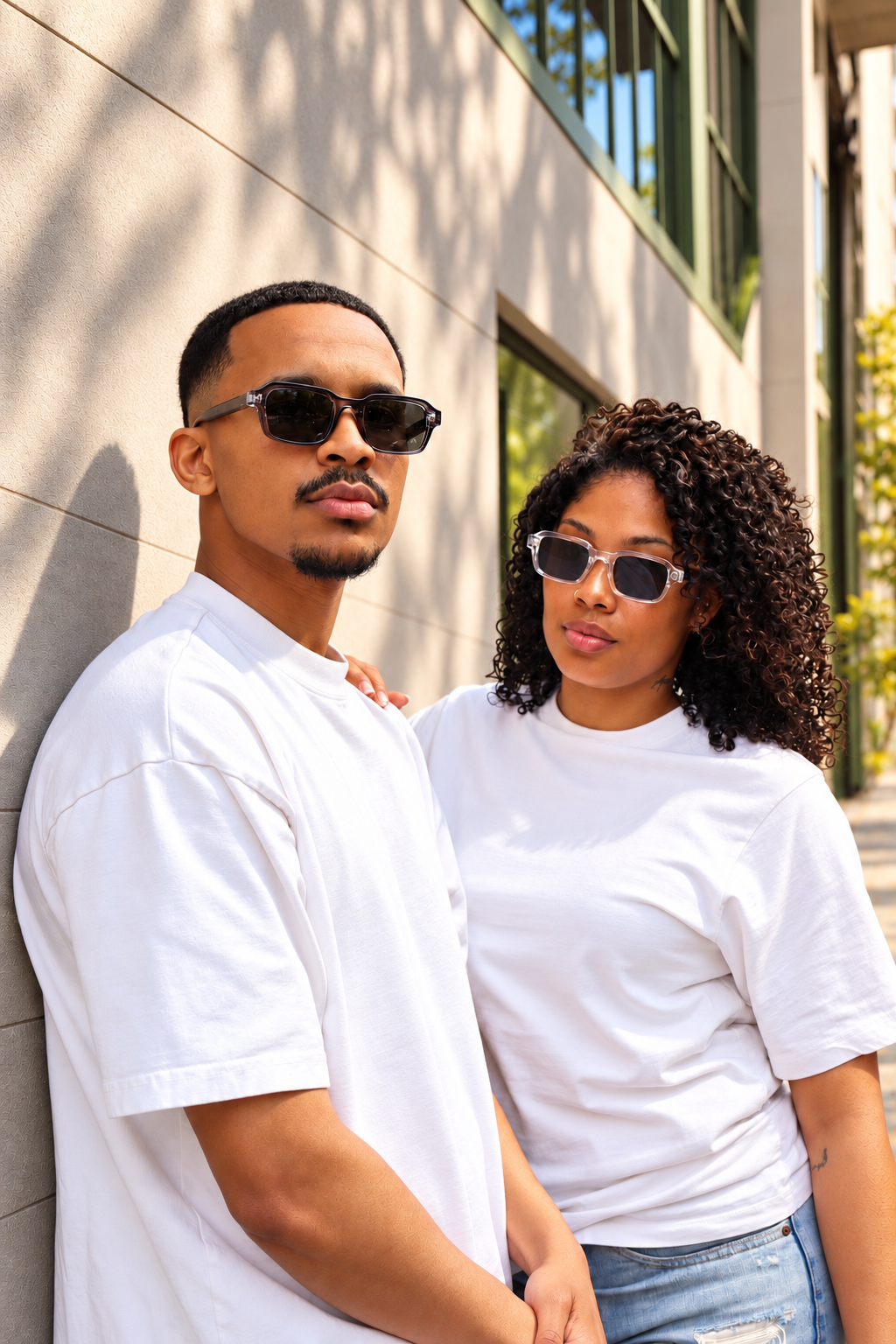 Lunettes Prestige lifestyle campaign with two models wearing sunglasses