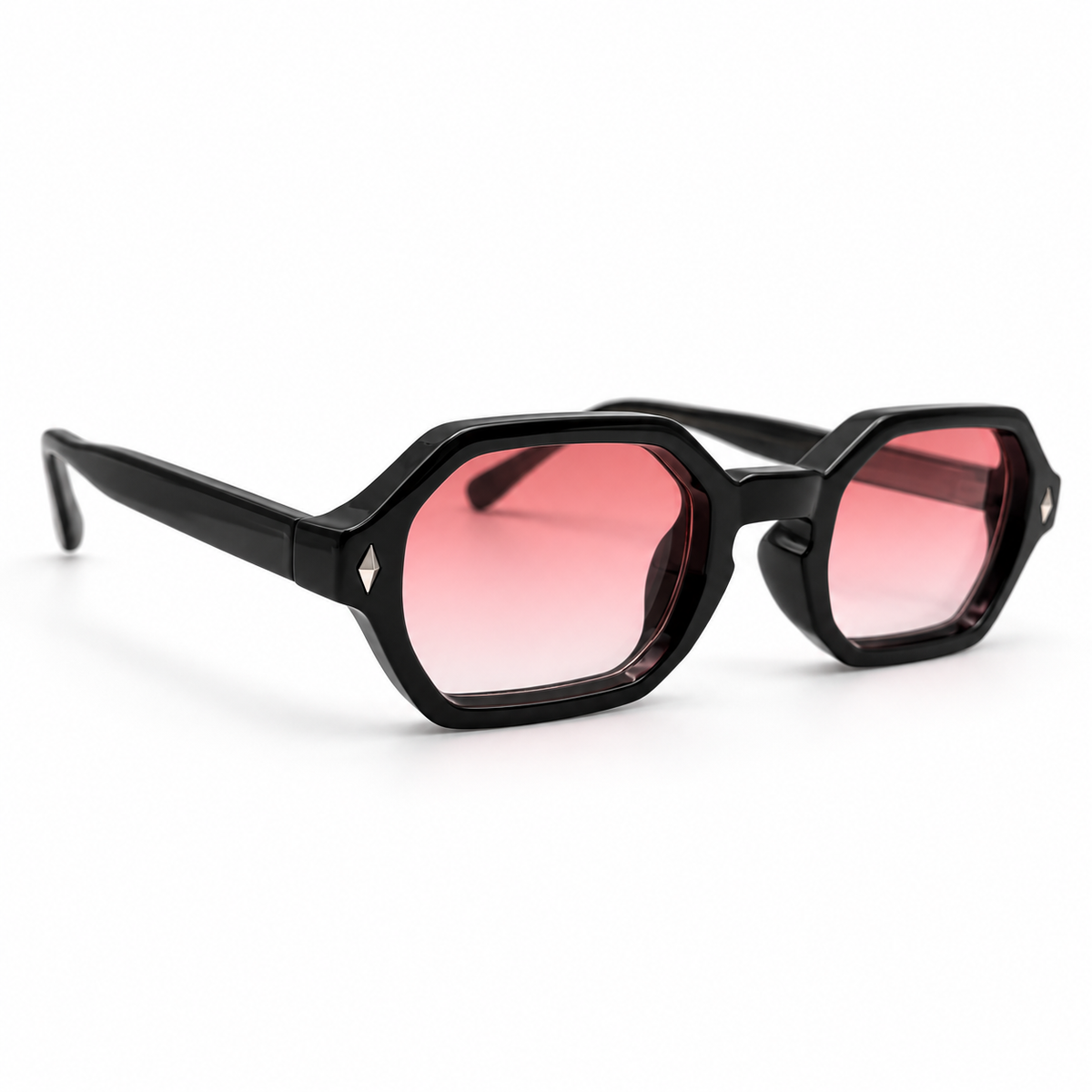 Rose Veil zwarte geometrische zonnebril met roze glazen - driekwart aanzicht